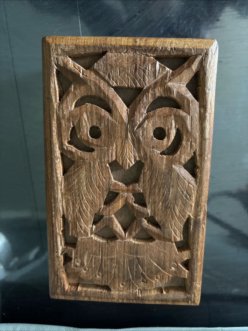Vintage Hand-Carved Owl Wooden Trinket Box –